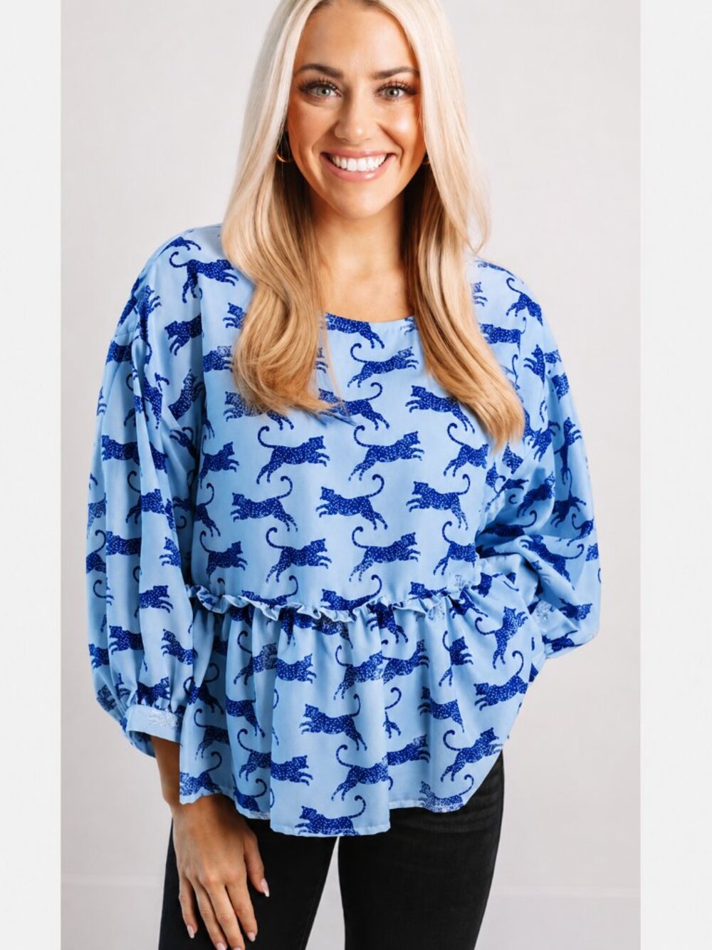 J.Marie NEW Blue Fan Print Peplum Puff Sleeve Silky Oversized Blouse Top SZ XS